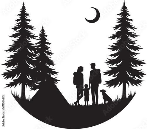 Tent Under the Stars Silhouette Scene

Campfire Night with Trees Vector Art

Family Camping Trip Silhouette Design

Mountain Camping Adventure Vector

Hikers Resting by Tent Silhouette
