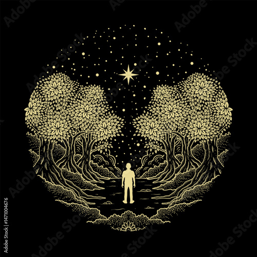 Golden Path in Night Forest with Silhouette and Shining Star
