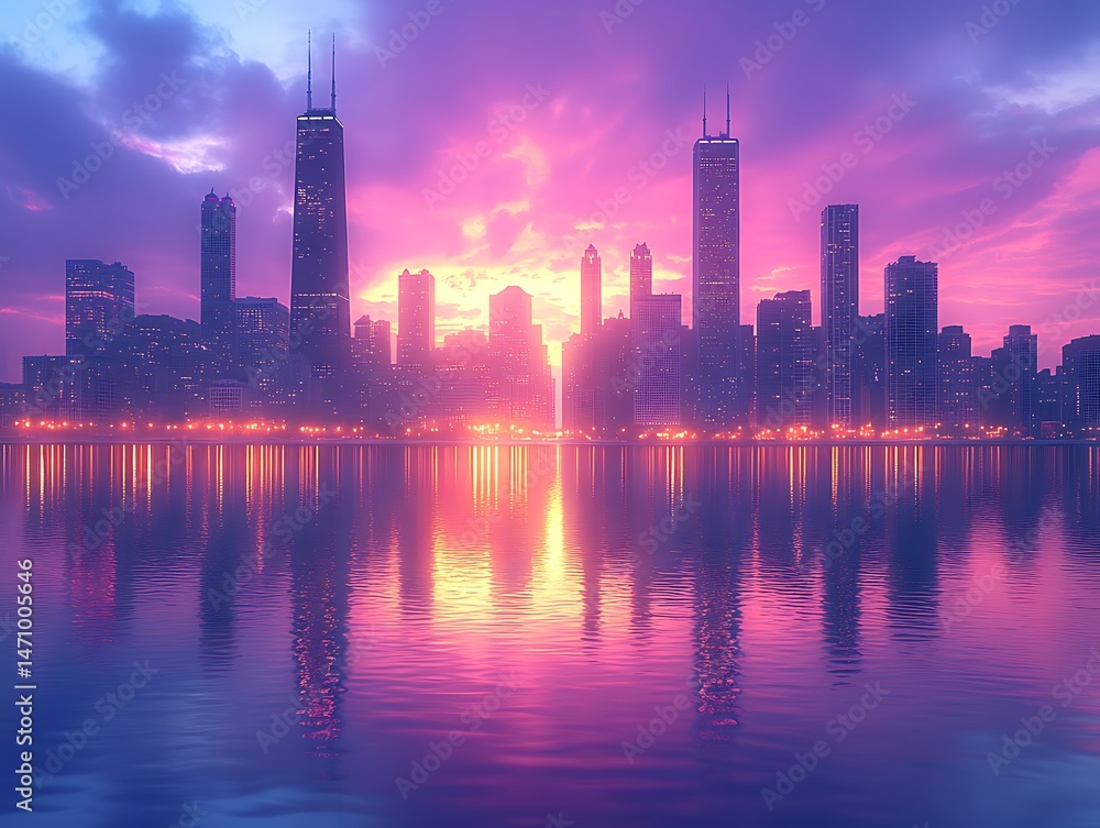 Fototapeta premium Dreamy Chicago Skyline During Calm Twilight high resolution image