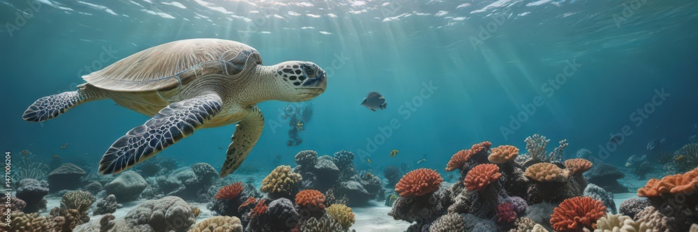 Obraz premium Green sea turtle gracefully swims over vibrant coral reef, azure water , nature photography, colorful, summer