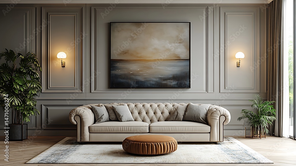 Fototapeta premium Beautifully designed transitional living area with beige tufted sofa and indoor plants high resolution photo