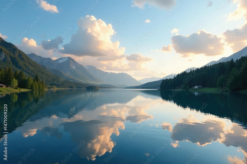 Fototapeta premium Symmetrical, calm lake surface reflecting sky, surface, breathtaking, gorgeous