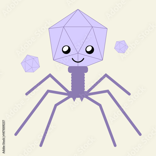 Illustration of a friendly purple bacteriophage virus character with cute eyes and a smile. Microbiological vector art depicting a T-even phage, perfect for science and educational themes