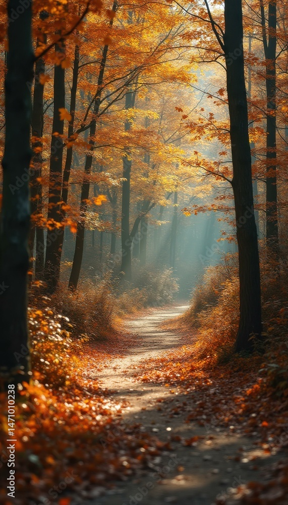 Fototapeta premium Serene autumn path through forest with colorful leaves