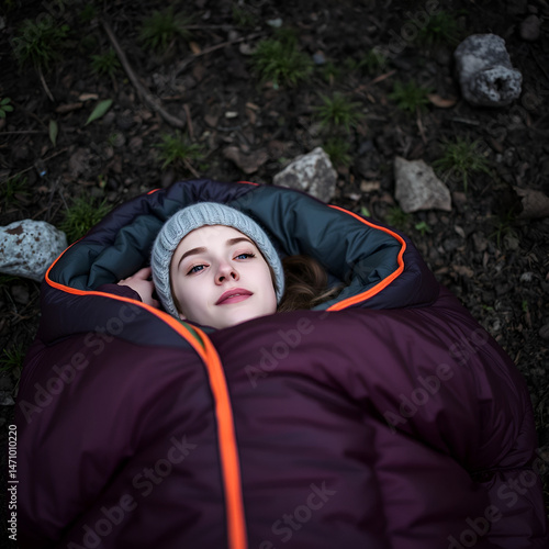 Woman lying on her sleeping bag outdoors