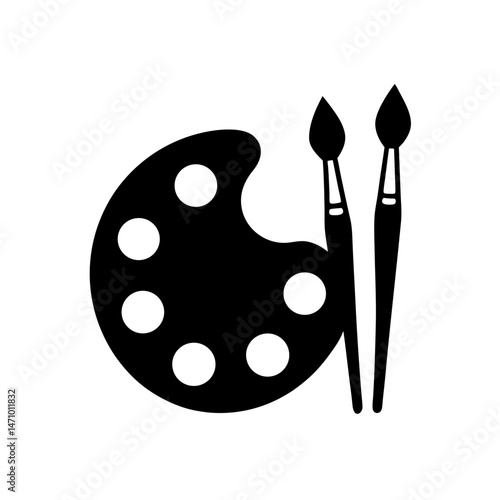 paint palette with brushes silhouette on white 
