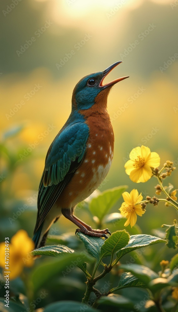 Fototapeta premium Bird singing among vibrant yellow flowers in garden