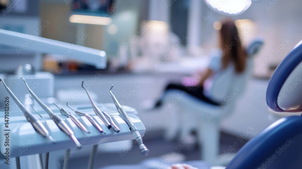 Fototapeta premium Dental clinic scene with tools, patient, and bright environment
