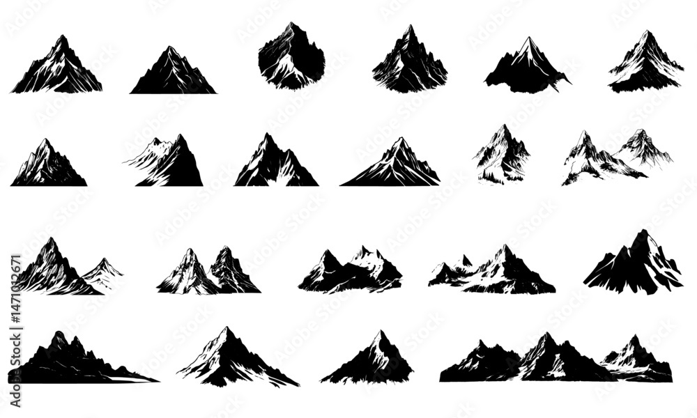 Fototapeta premium Mountains travel Logo silhouette Black vector icons set and White background 