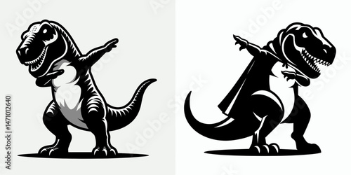 T rex wear halloween costume and pose dabbing. Cartoon clipart vector draw illustration. Dinosaur in fancy dress makes comical dab gesture for spooky holiday picture.