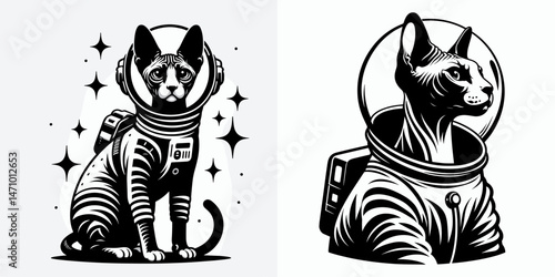Sphynx Cat in astronaut costume. Cartoon clipart vector draw illustration. Hairless feline spacesuit attire astro kitty portrait cosmic exploration pet.