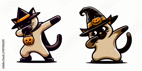 Siamese Cat wear halloween costume and pose dabbing. Cartoon clipart vector draw illustration. Oriental feline dons spooky attire striking a hip-hop gesture on all hallows eve.