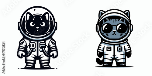 Russian Blue Cat in astronaut costume. Cartoon clipart vector draw illustration. Silvery feline wearing cosmic spaceman attire pet lunar exploration garb.