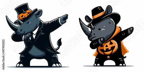 Rhino wear halloween costume and pose dabbing. Cartoon clipart vector draw illustration. Horned beast attire for fright night do expressive celebratory gesture.