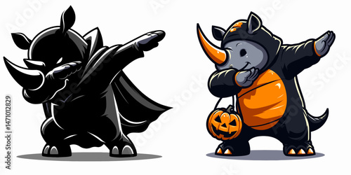 Rhino wear halloween costume and pose dabbing. Cartoon clipart vector draw illustration. Animal disguise for all hallows eve party strike the dab stance.