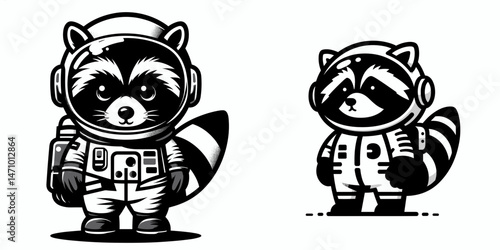 Raccoon in astronaut costume. Cartoon clipart vector draw illustration. Space explorer coatimundi cosmic voyage apparel novelty creature attire.