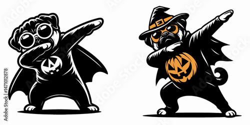 Pug Dog wear halloween costume and pose dabbing. Cartoon clipart vector draw illustration. Canine festive garb spooky dress-up comical gesture trick or treat pet.