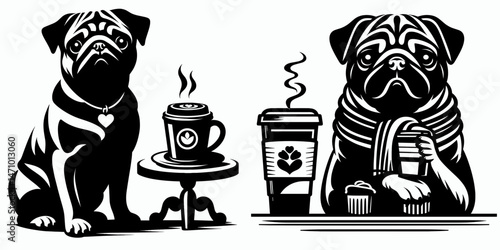 Pug Dog Casual Coffee Date. Cartoon clipart vector draw illustration. Canine buddy relaxed java meetup little hound informal cafe social gathering.