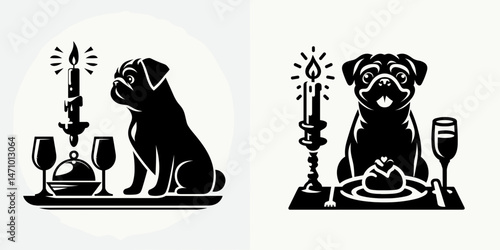 Pug Dog Candlelit Dinner. Cartoon clipart vector draw illustration. Canine romantic feast illumination short snout breed intimate evening.