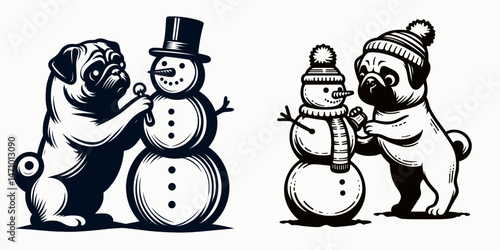 Pug Dog Building a snowman. Cartoon clipart vector draw illustration. Canine pet constructs snow sculpture wintry frolic at yuletide celebration.