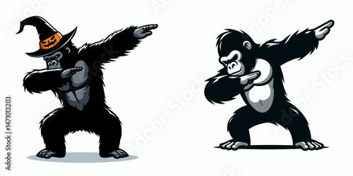 Gorilla wear halloween costume and pose dabbing. Cartoon clipart vector draw illustration. Ape garb for spooky day party doing the dab stance fun festive photo.