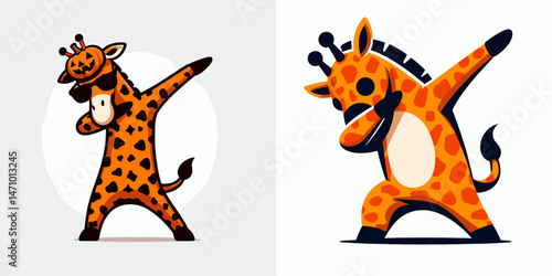 Giraffe wear halloween costume and pose dabbing. Cartoon clipart vector draw illustration. Tall mammal don attire spooky apparel making dab gesture for october festivity.