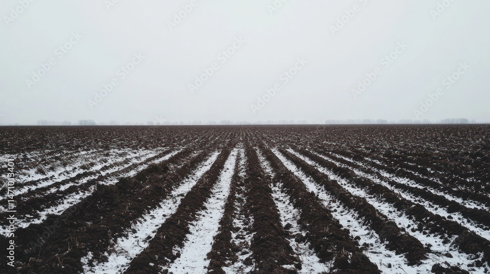 Obraz premium Plowed field covered in light snow. Wide view. Possible use Background for nature or winter themes