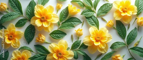 Vibrant yellow dahlia flowers on white background, studio flat lay