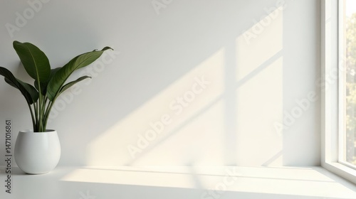 Serene Minimalist Interior Scene with Lush Green Plant in a White Pot, Bathed in Soft Sunlight by a Window