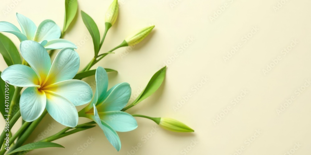 Fototapeta premium Pastel Blue Flowers on a Soft Yellow Background A Delicate Floral Arrangement Perfect for Springtime Designs and Greeting Cards