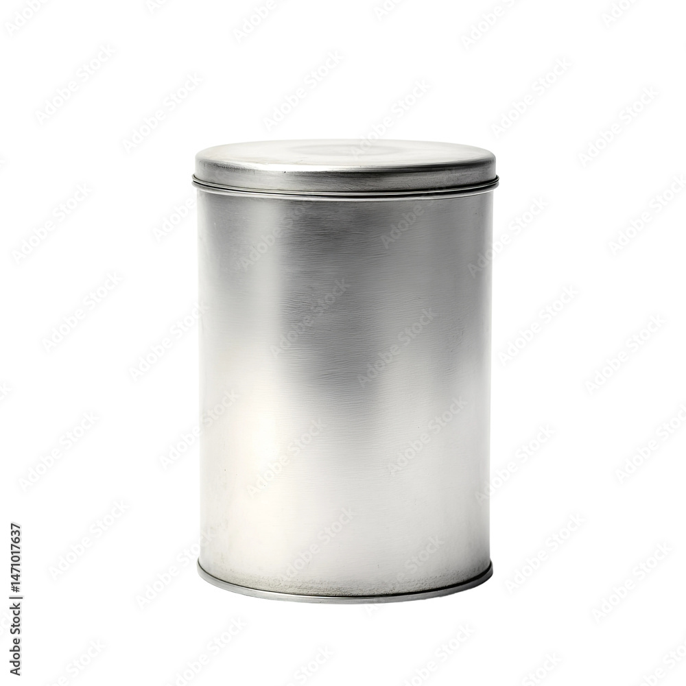 A plain, silver cylindrical tin, ready for packaging and storage. This versatile container is perfect for various products A plain, silver cylindrical tin, ready for packaging and storage. This versatile container is perfect for various products