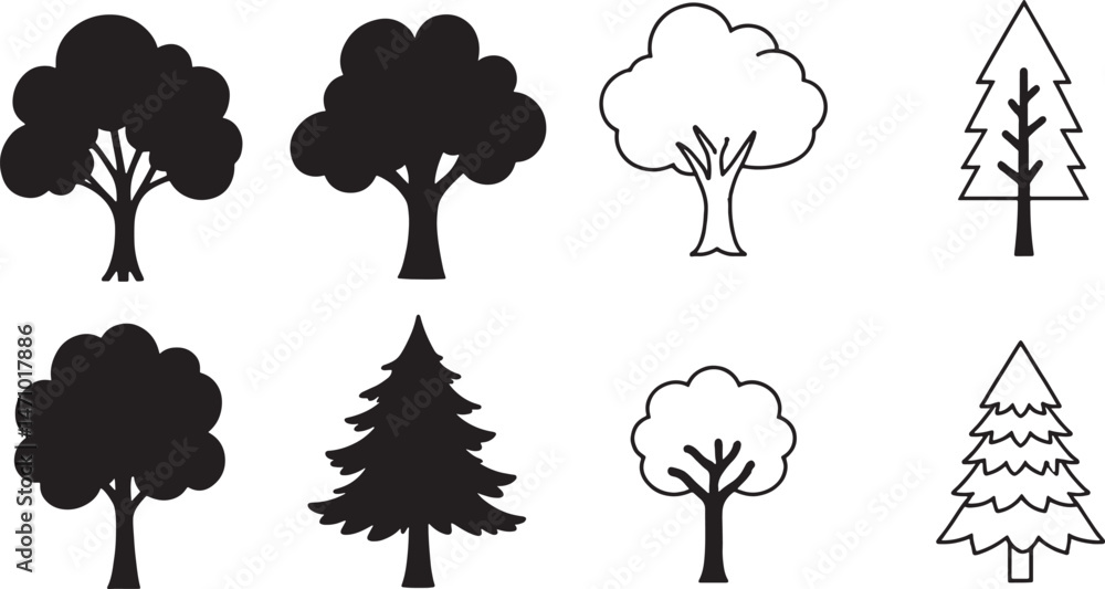 Naklejka premium set of trees silhouettes, Trees of different natural zones, vector illustration, Vector trees illustrations. 