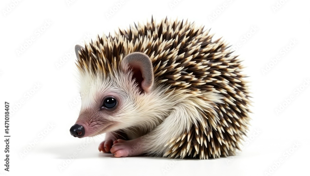 Obraz premium Tiny hedgehog, curled in a ball, isolated on pure white background, brown, european hedgehog, domestic
