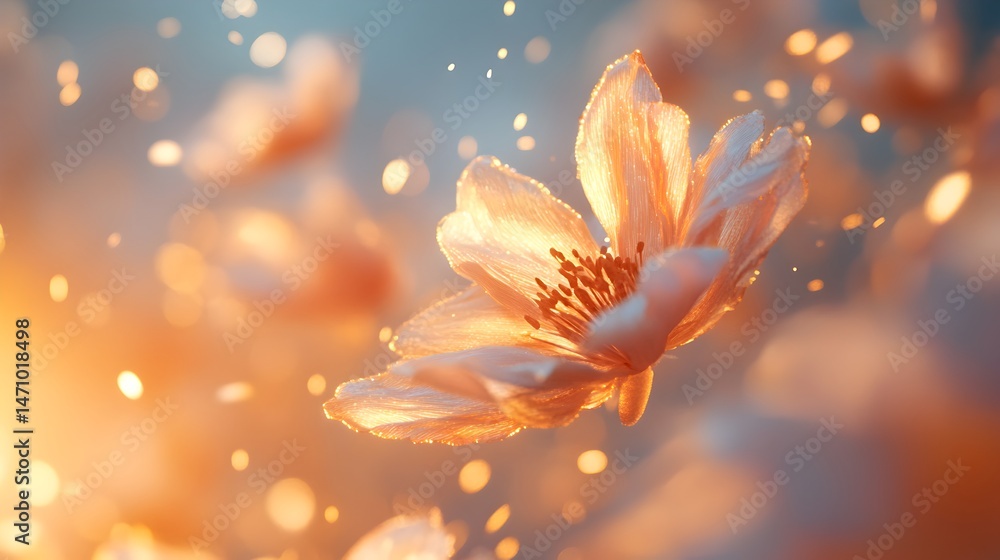 Fototapeta premium A captivating image showcases delicate, luminous flowers floating amidst a warm golden sunset glow, with sparkling particles enhancing the ethereal