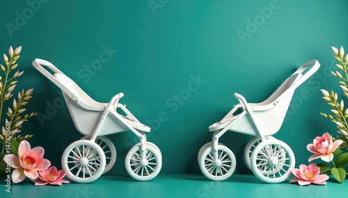 White strollers on a dark teal background, floral accents , repeat, art