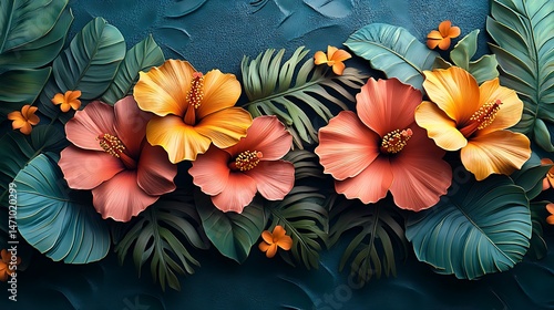 Exotic red hibiscus flowers and blue tropical leaves beautiful art high resolution wallpaper