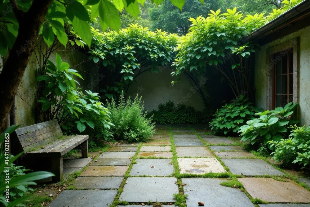 Serene Courtyard Oasis Wooden Bench Amidst Lush Greenery and Stone Patio Serene Courtyard Oasis Wooden Bench Amidst Lush Greenery and Stone Patio