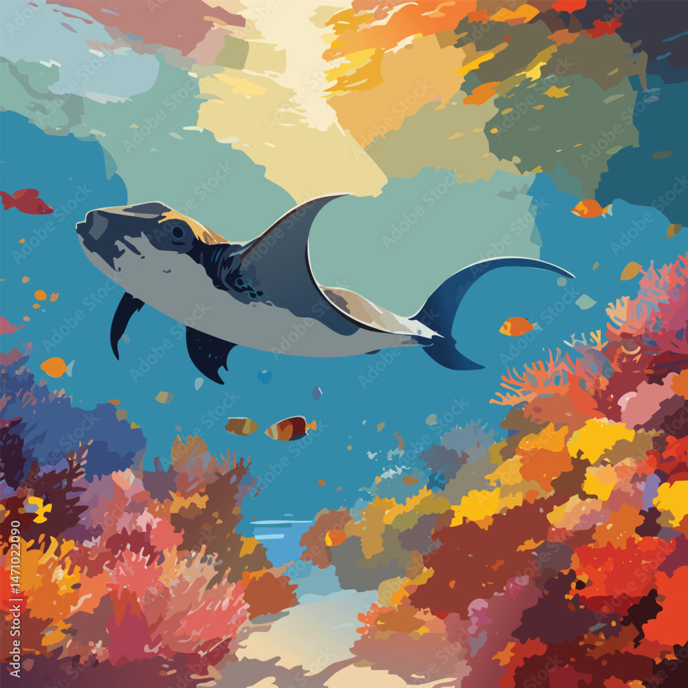 Fototapeta premium Manta Ray Among Coral Reefs in the Crystal Blue Waters, vector illustration