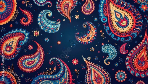 Bold paisley print, vibrant colors with sharp lines and curves , seamless, design