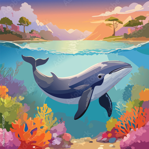 Beluga Whale Among Coral Reefs in the Crystal Blue Waters, vector illustration