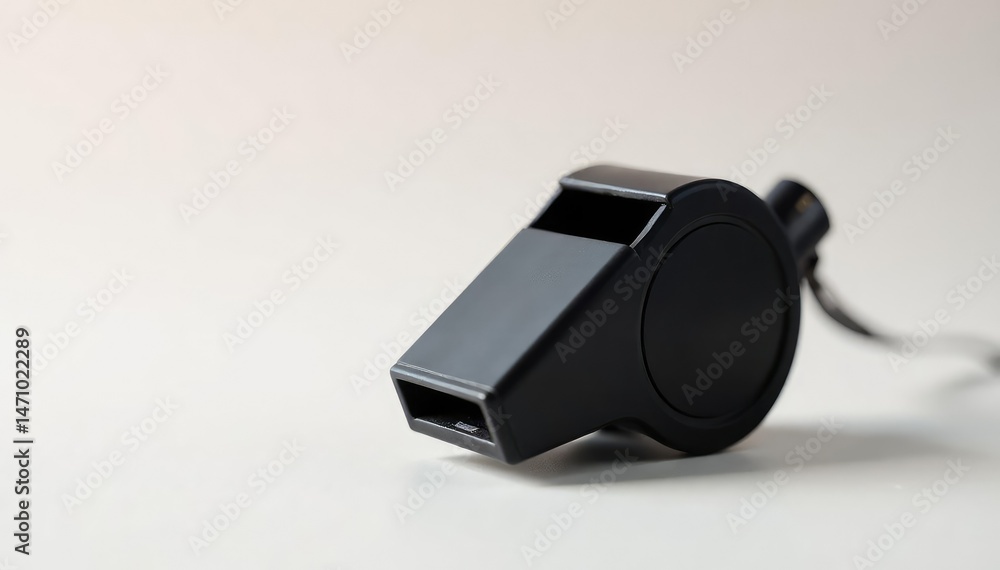 Classic black plastic whistle, simple design, clean backdrop , white background, signal device Classic black plastic whistle, simple design, clean backdrop , white background, signal device