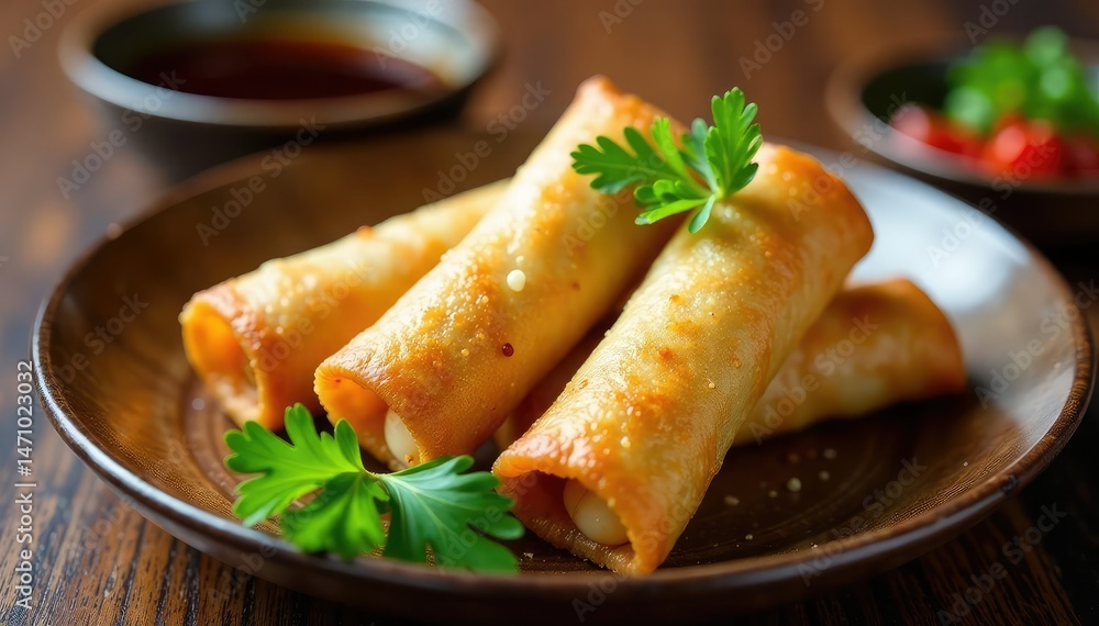 Crispy spring rolls, vibrant vegetables, soy sauce dipping dish, eating, cuisine, isolated Crispy spring rolls, vibrant vegetables, soy sauce dipping dish, eating, cuisine, isolated