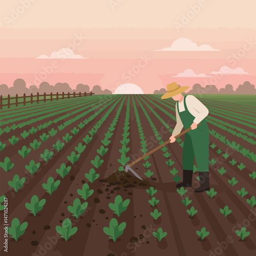 Farmer Working Field at Sunset with Hoe Farming Growing Vegetables