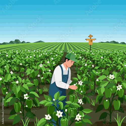 Farmer Tending to Pepper Plants in Vibrant Field Under Clear Skies