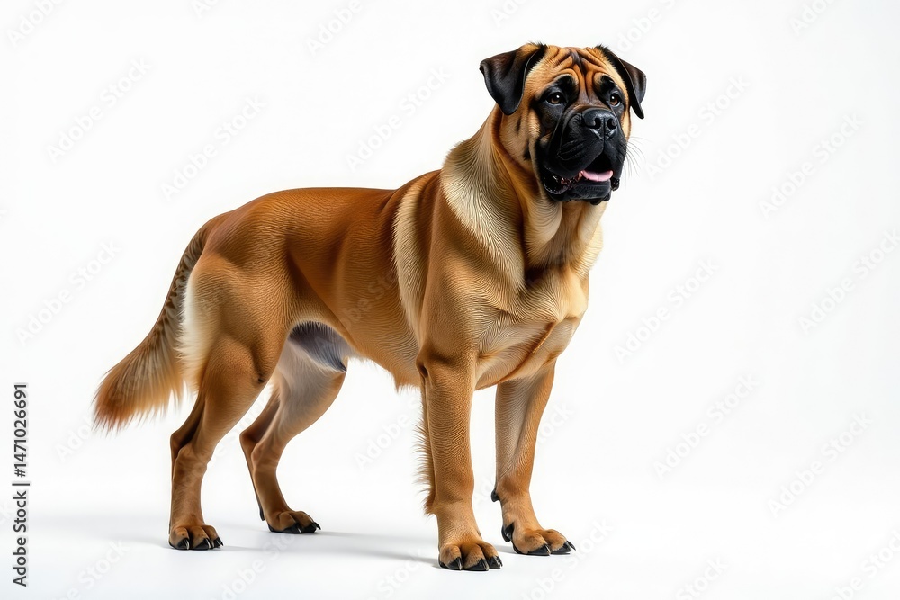 Obraz premium Majestic mastiff, powerful stance, white background, purebred, fur, portrait
