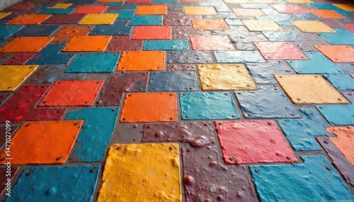 Repeating geometric tile floor in vibrant colors, building, mosaic, photography