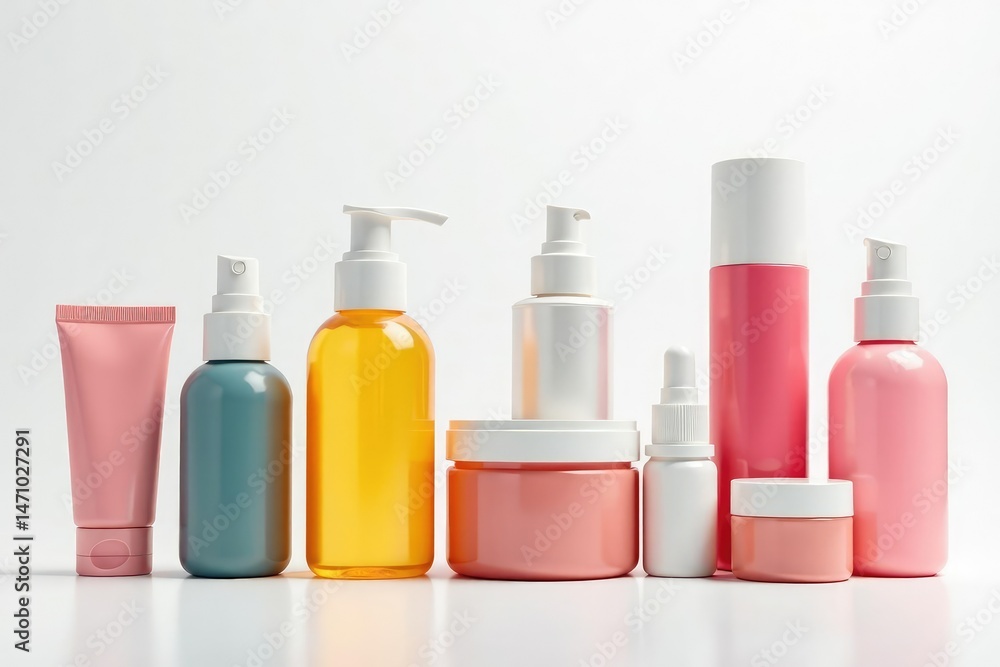 Set of various cosmetic bottles on white backdrop, care, set, bottles Set of various cosmetic bottles on white backdrop, care, set, bottles