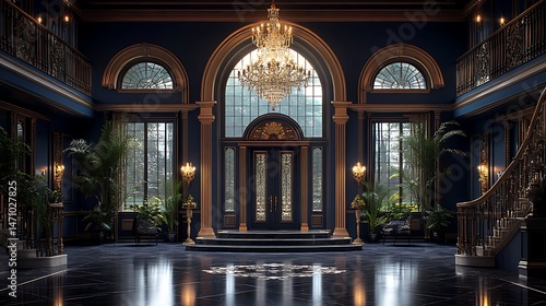 Glamorous mansion entrance black gold interior regal style high resolution image