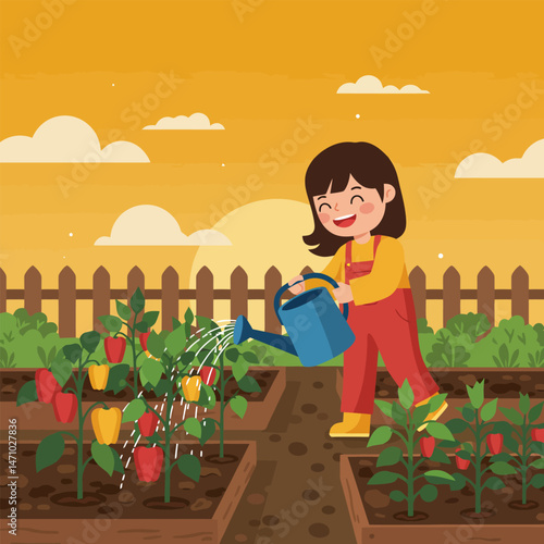 Child Watering Vegetable Garden at Sunset Enjoying Growth Process Illustration