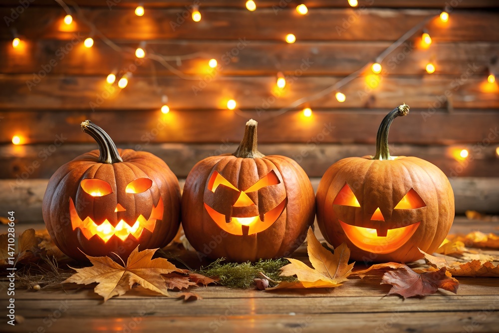 Fototapeta premium Three Jack OLantern Pumpkins with Autumn Leaves and Lights